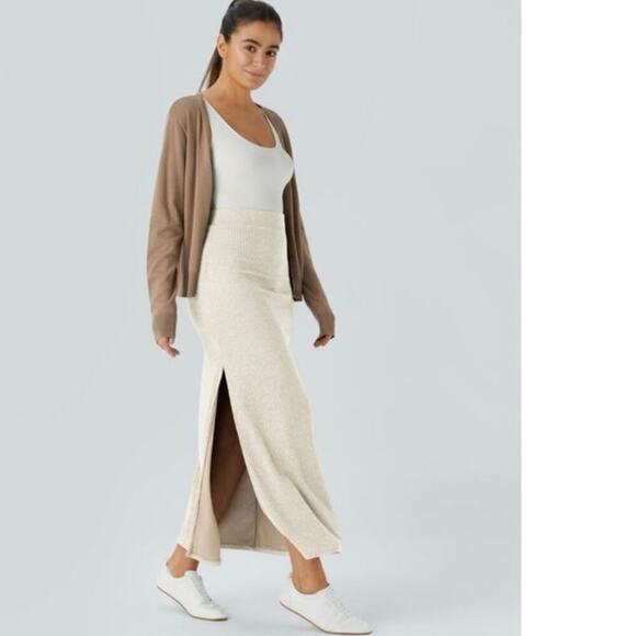 Halara Ribbed High Waisted A-Line Maxi Skirt Whisper White Beige Small NWOT - Picture 6 of 8